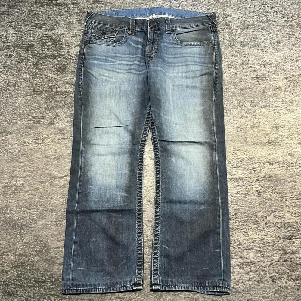 True Religion Jeans Mens 38x29 Blue World‎ Tour Section Straight Hip-Hop Y2K